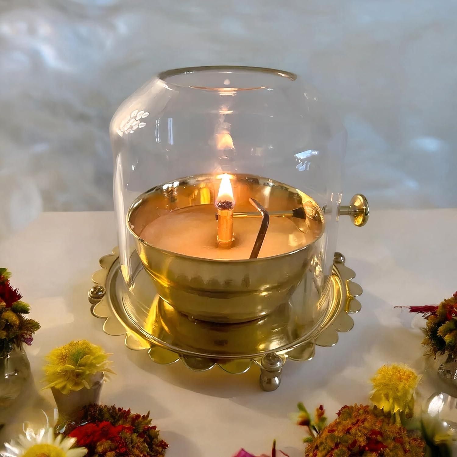Golden Brass Akhand Diya Oil Lamp with Rotating Wick - Cartina.in